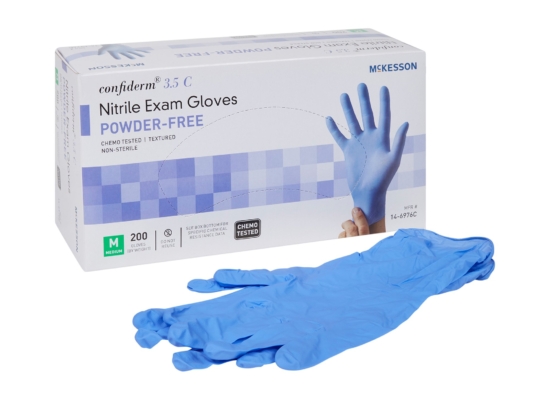Exam Glove McKesson Confiderm® 3.5C Medium NonSterile Nitrile Standard Cuff Length Textured Fingertips Blue Chemo Tested