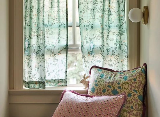 Priyanka Organic Cotton Printed Bird Café Curtains, Set of 2