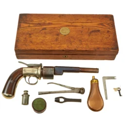 Original British Victorian Nickel Silver Framed Thomas K. Baker Longspur Hammer Percussion Revolver Serial 2194 in Custom Wood Case with Accessories- circa 1855
