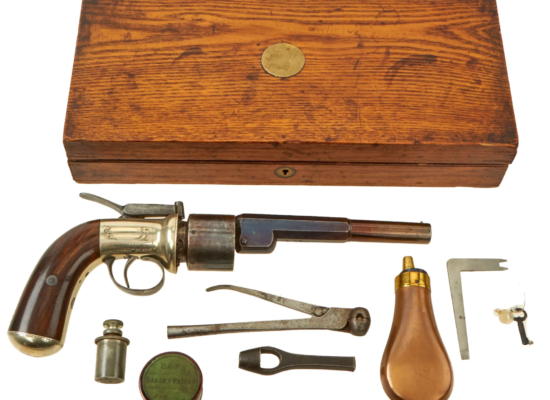 Original British Victorian Nickel Silver Framed Thomas K. Baker Longspur Hammer Percussion Revolver Serial 2194 in Custom Wood Case with Accessories- circa 1855