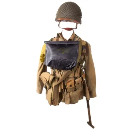 Original U.S. WWII M1942 Paratrooper Jump Jacket without Reinforcements with Gas Detection Brassard & Field Gear Group with Reproduction D-Bale Helmet & Others