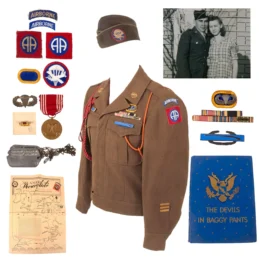 Original U.S. WWII 504th PIR 82nd Airborne Uniform Grouping with Dog Tags, Garrison Cap, and “Devil in Baggy Pants” Unit History - Clayton R. Johnson