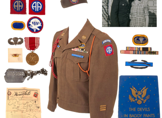 Original U.S. WWII 504th PIR 82nd Airborne Uniform Grouping with Dog Tags, Garrison Cap, and “Devil in Baggy Pants” Unit History – Clayton R. Johnson