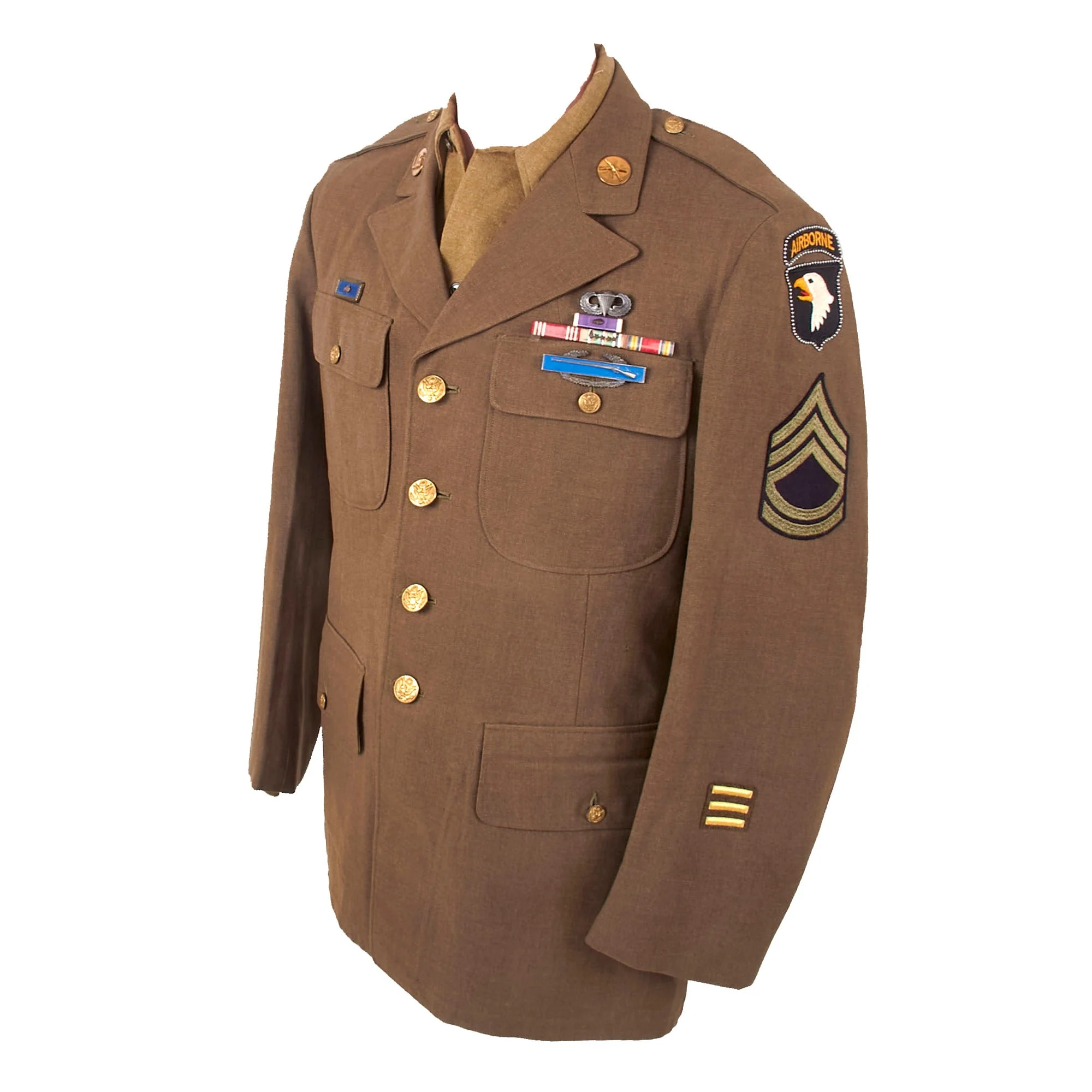 Original U.S. WWII 101st Airborne Division & Airborne Command Sergeant First Class Uniform with Beaded Patches & Laundry Number - Size 42R